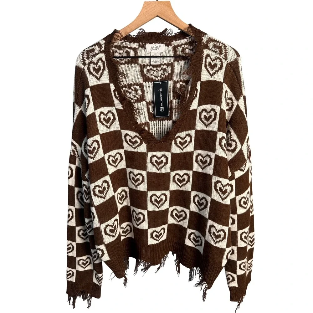 NEW Just Polly Heart Checkered Distressed Sweater Brown Cozy Y2K Grunge Boho 3X